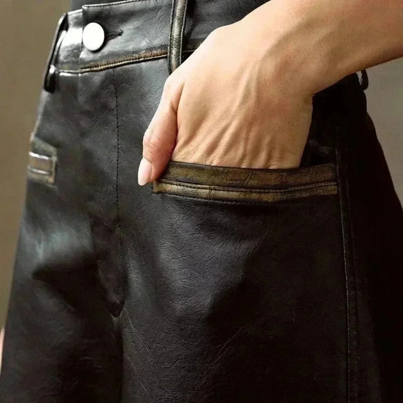 Black Elegant Women's Vintage Washed-Look Long Pants - Picture 4 of 7